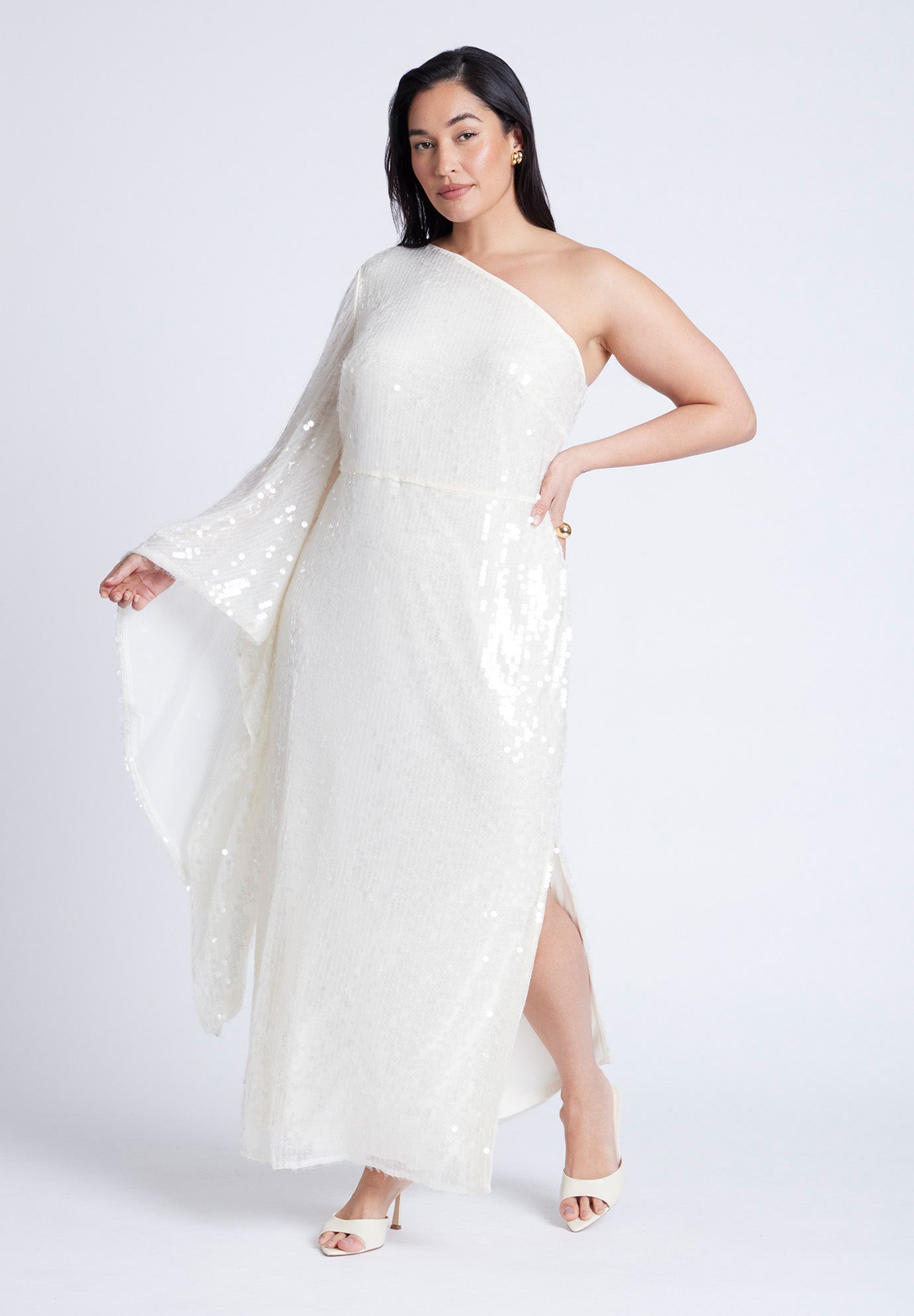 One Shoulder Dramatic Sleeve Sequin Dress