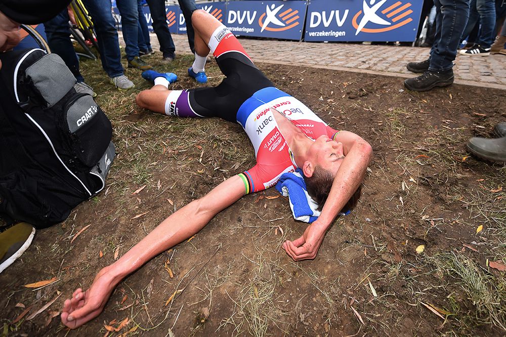 Mathieu van der Poel on the ground after winning Koppenbergcross