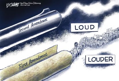 Political cartoon U.S. Second Amendment Parkland mass shooting free speech student protest gun control