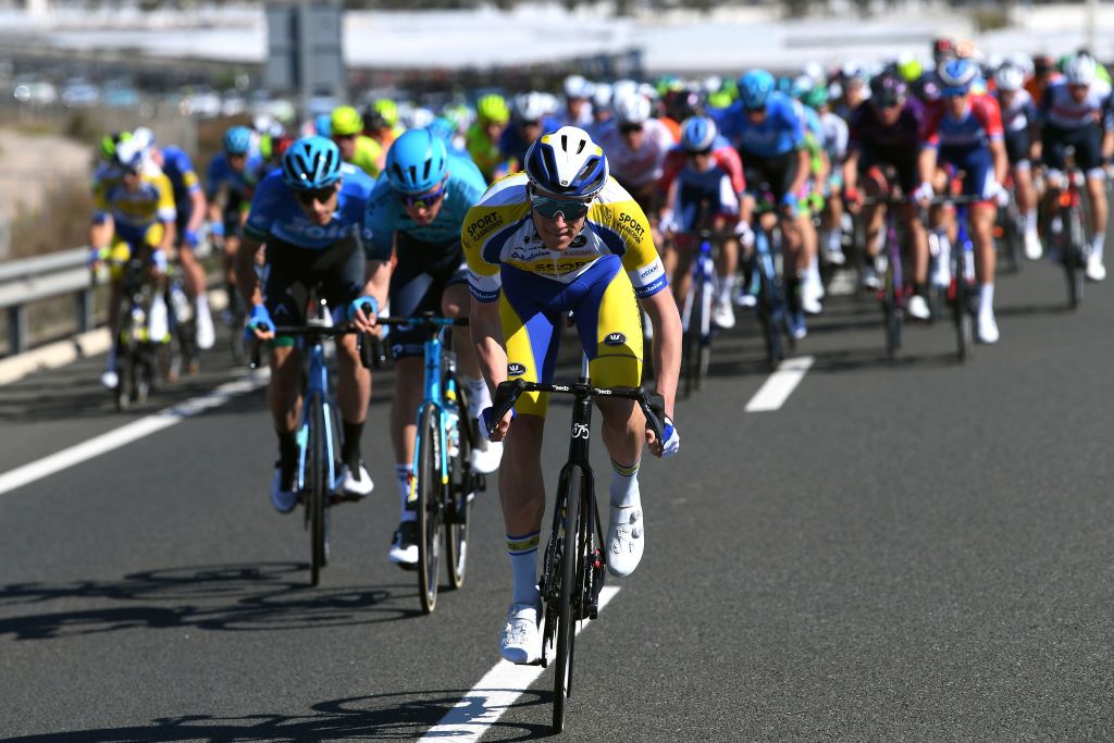 ROQUETAS DE MAR SPAIN FEBRUARY 14 Robbe Ghys of Belgium and Team Sport VlaanderenBaloise during the 34th Clsica de Almeria 2021 a 1833km race from Pueblo de Vicar to Roquetas de Mar Breakaway ClasicaAlmeria21 on February 14 2021 in Roquetas de Mar Spain Photo by Tim de WaeleGetty Images