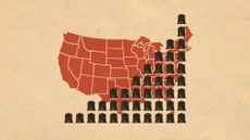 Illustrative collage of tombstones arranged to look like a rising graph.