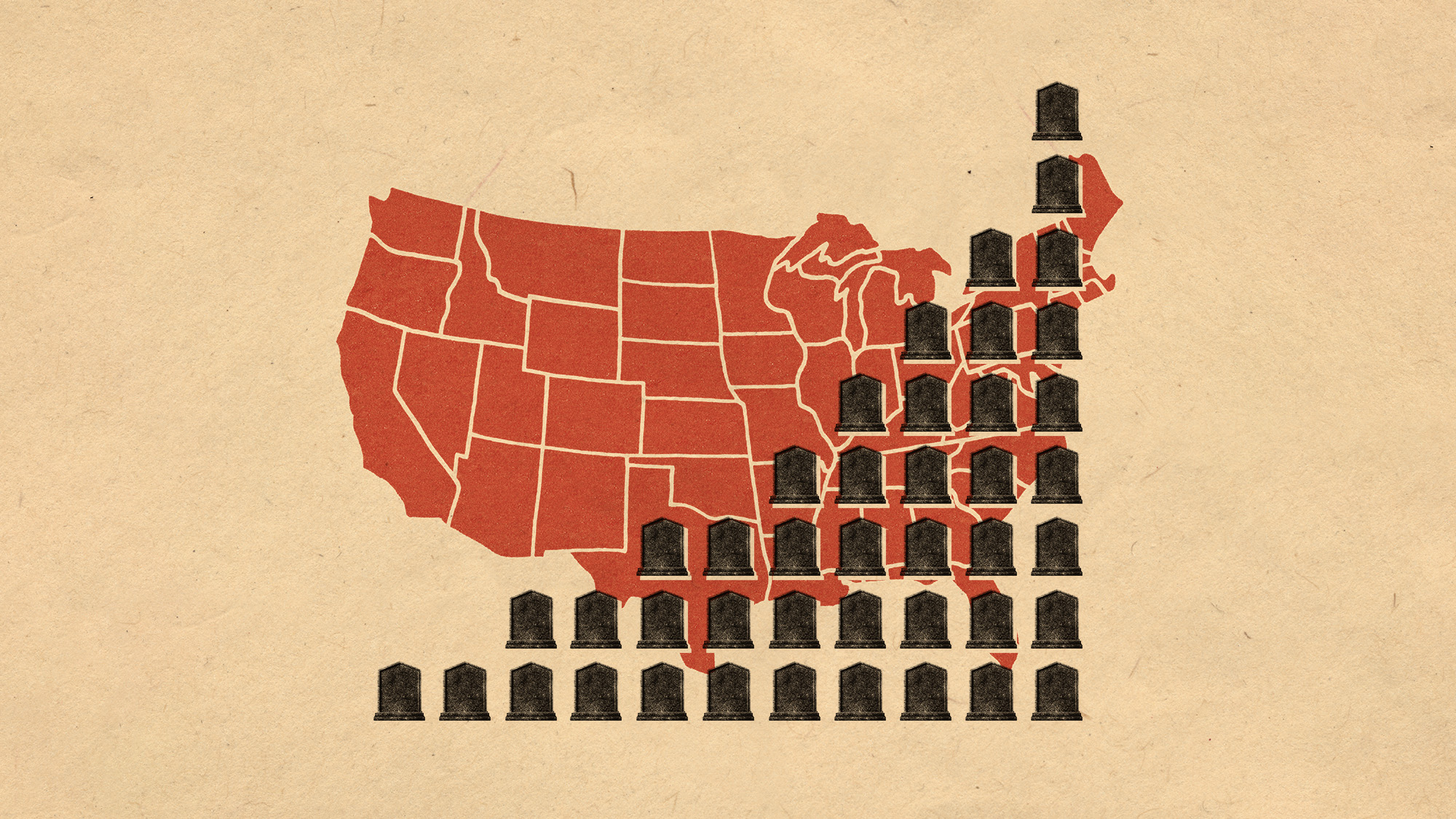 Illustrative collage of tombstones arranged to look like a rising graph.
