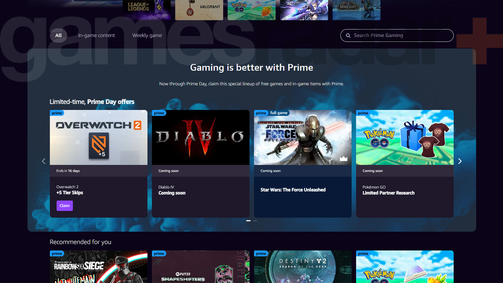Na página inicial do Prime Gaming, as recompensas do Diablo 4 serão exibidas como Coming Soon