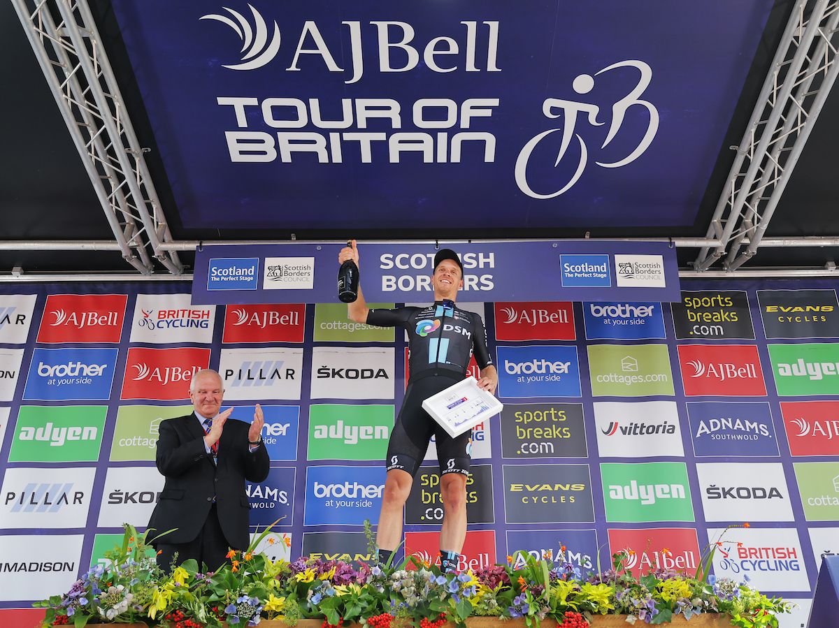 Picture by Alex WhiteheadSWpixcom 05092022 Cycling 2022 AJ Bell Tour of Britain Stage 2 Hawick to Duns Scotland Cees Bol of Team DSM on the podium after taking the victory
