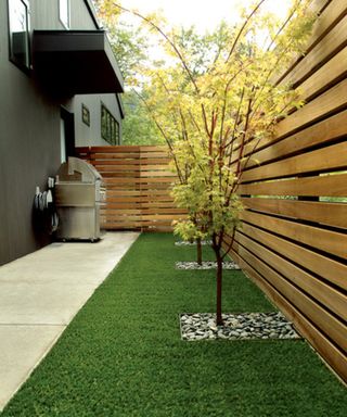 A narrow side yard with contemporary fencing and minimalist planting