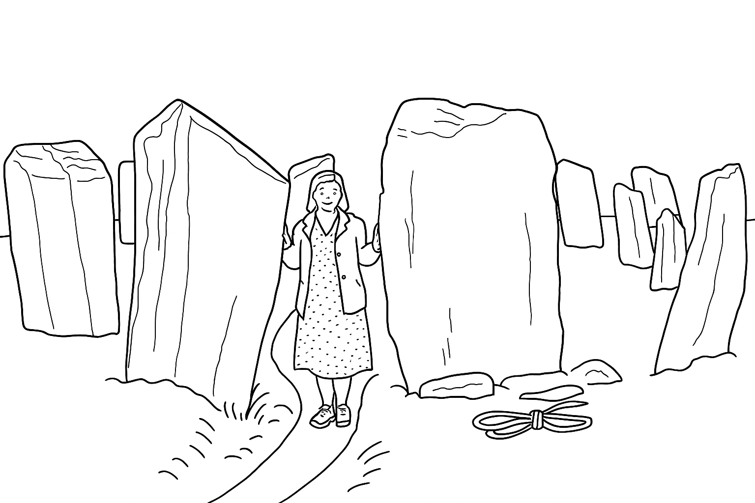 colouring page of a woman standing in stone circle