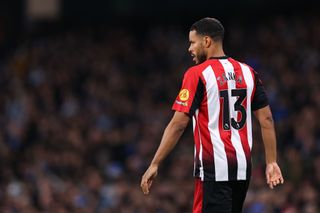 Mathias Zanka Jorgensen of Brentford during the Premier League match between Manchester City and Brentford FC at Etihad Stadium on February 20, 2024 in Manchester, England. (Photo by Robbie Jay Barratt - AMA/Getty Images)