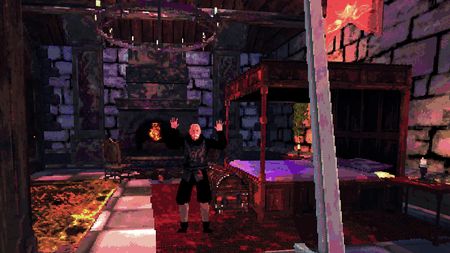 An old noble raises his hands in surrender as the player theatens him with a sword in Project Shadowglass.