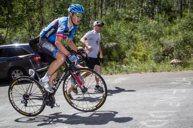 Tom Danielson (Garmin-Sharp) attacks on steep sections of the climb.