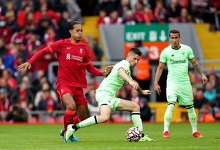 Liverpool defender Virgil Van Dijk wins the ball against Athletic Bilbao
