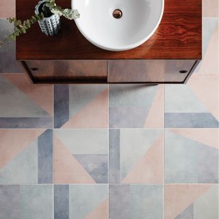 bathroom with stepped up pastel tiles