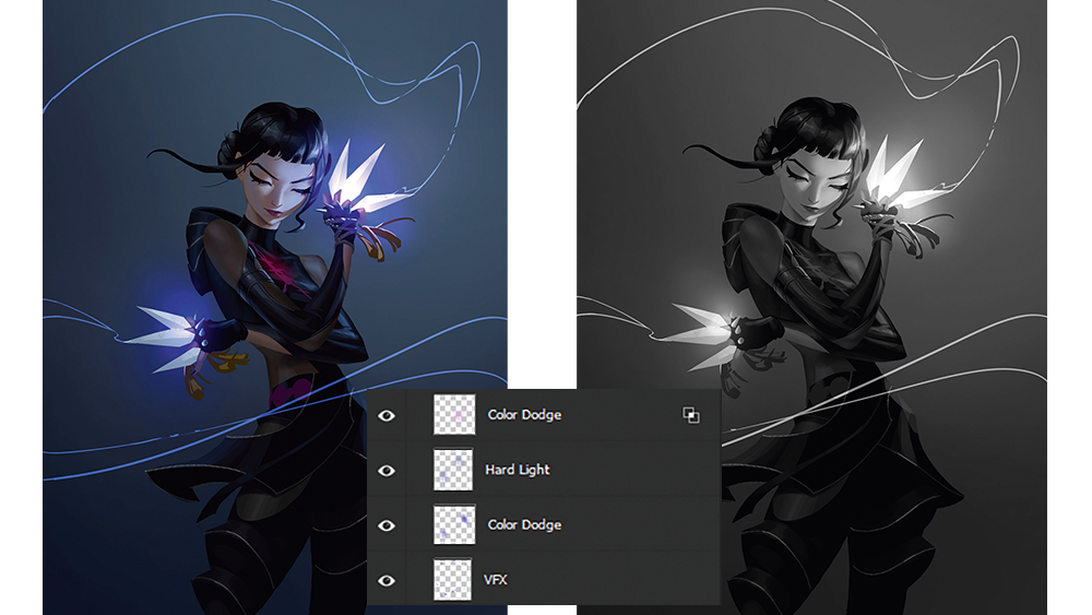 KPop Demon Hunters fan art showing Zoey with held arms crossed with Photoshop menu showing settings