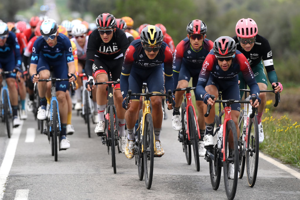 SANT FELIU DE GUIXOLS SPAIN MARCH 21 LR Marc Soler Gimenez of Spain and UAE Team Emirates Richard Carapaz of Ecuador Michal Kwiatkowski of Poland Richie Porte of Australia and Team INEOS Grenadiers and Neilson Powless of United States and EF Education Easypost compete during the 101st Volta Ciclista a Catalunya 2022 Stage 1a 171km stage from Sant Feliu de Guxols to Sant Feliu de Guxols VoltaCatalunya101 WorldTour on March 21 2022 in Sant Feliu de Guixols Spain Photo by David RamosGetty Images