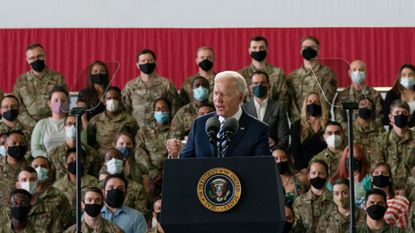 Joe Biden addresses US Air Force personnel at RAF Mildenhall, Suffolk