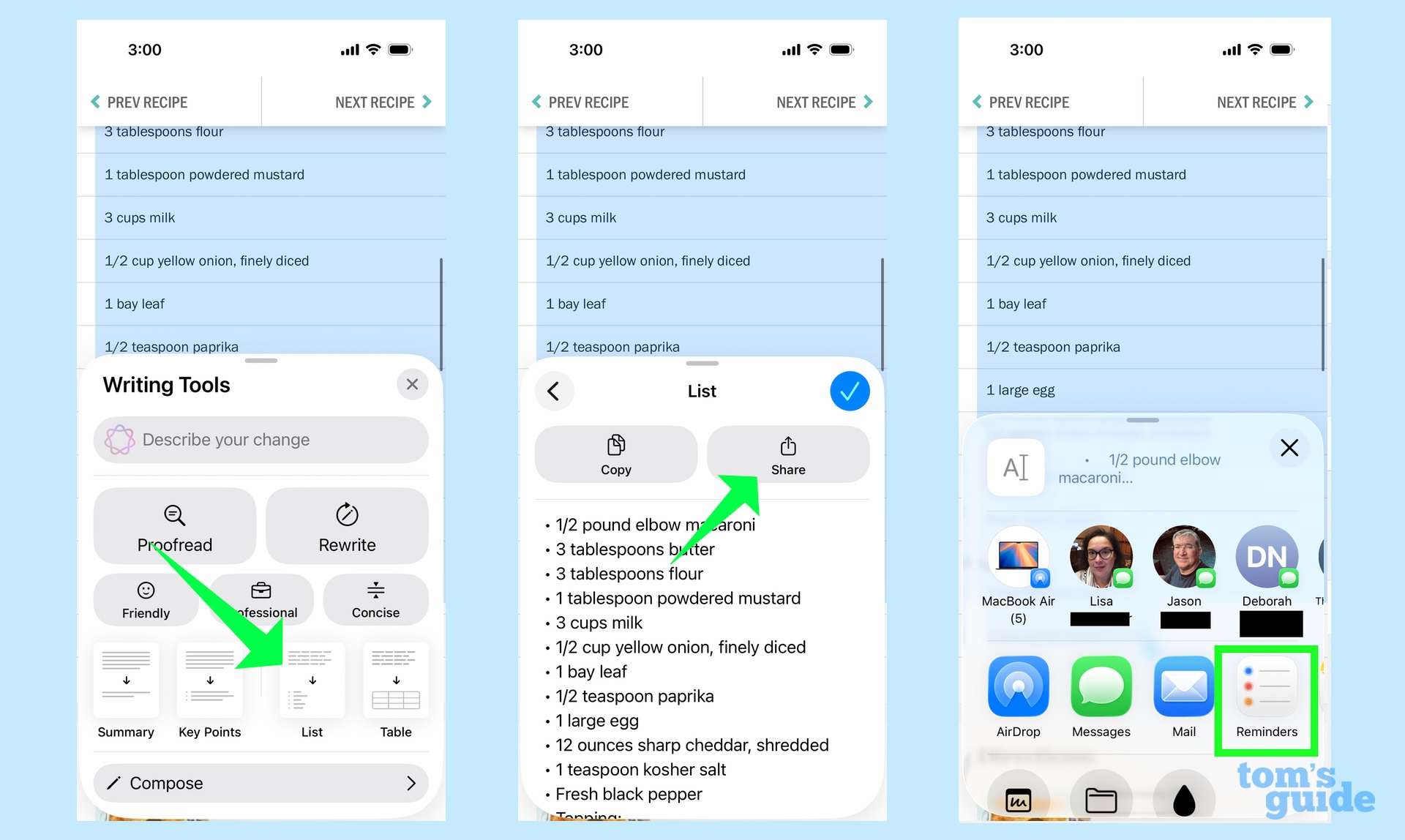 Using Writing Tools to create a suggested list for Reminders including ingredients