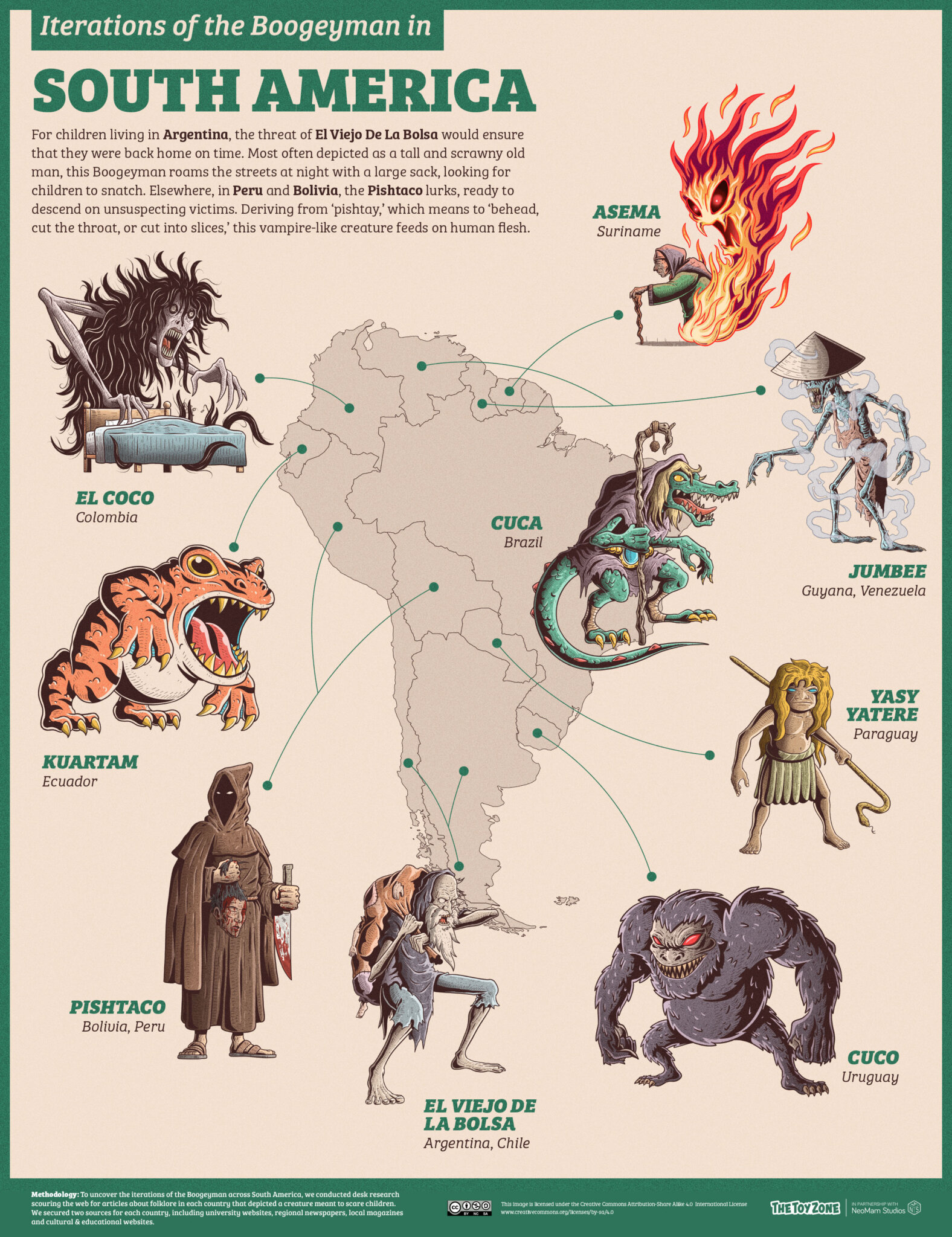 A map featuring bogeymen monsters from different countries around the world
