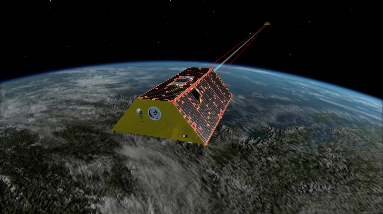 A rendering of a Gravity Recovery and Climate Experiment (GRACE) satellite in orbit.