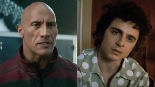 A side-by-side of Dwayne "The Rock" Johnson and Timothée Chalamet.