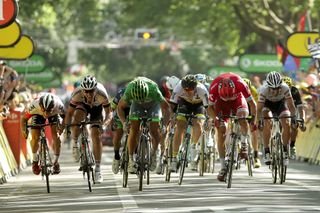 Peter Sagan and Alexander Kristoff bear down on the finish of stage 16 at the Tour de France.