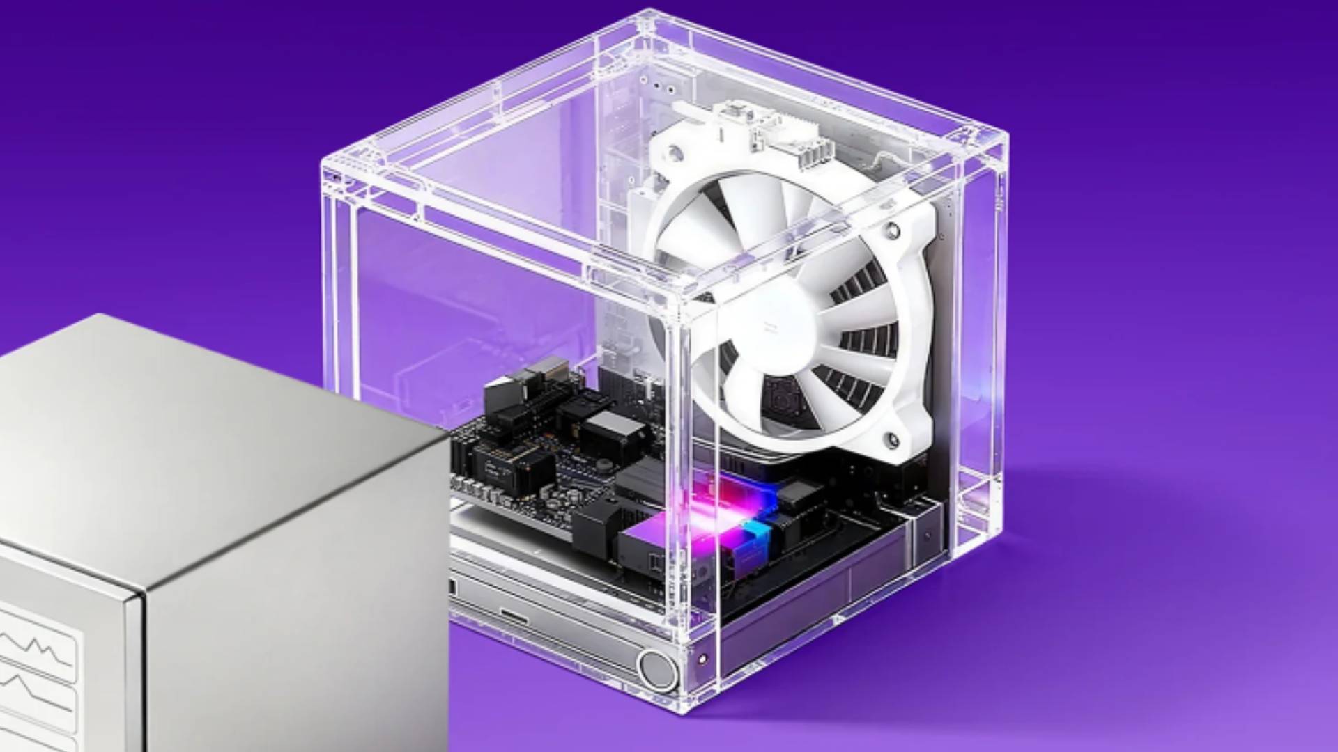 Render of transparent Steam Machine shell showing insides without large heatsink.