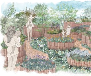 Artist sketch of Giulio Giorgi's raised keyhole beds for his garden at RHS Chelsea