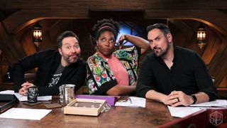 Sam Riegel, Aabria Iyengar, and Travis Willingham on the set of Exandria Unlimited: Calamity