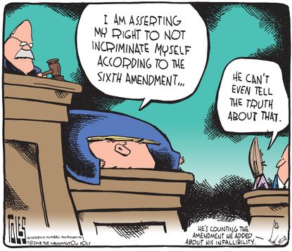 Political cartoon U.S. Trump court self-incrimination