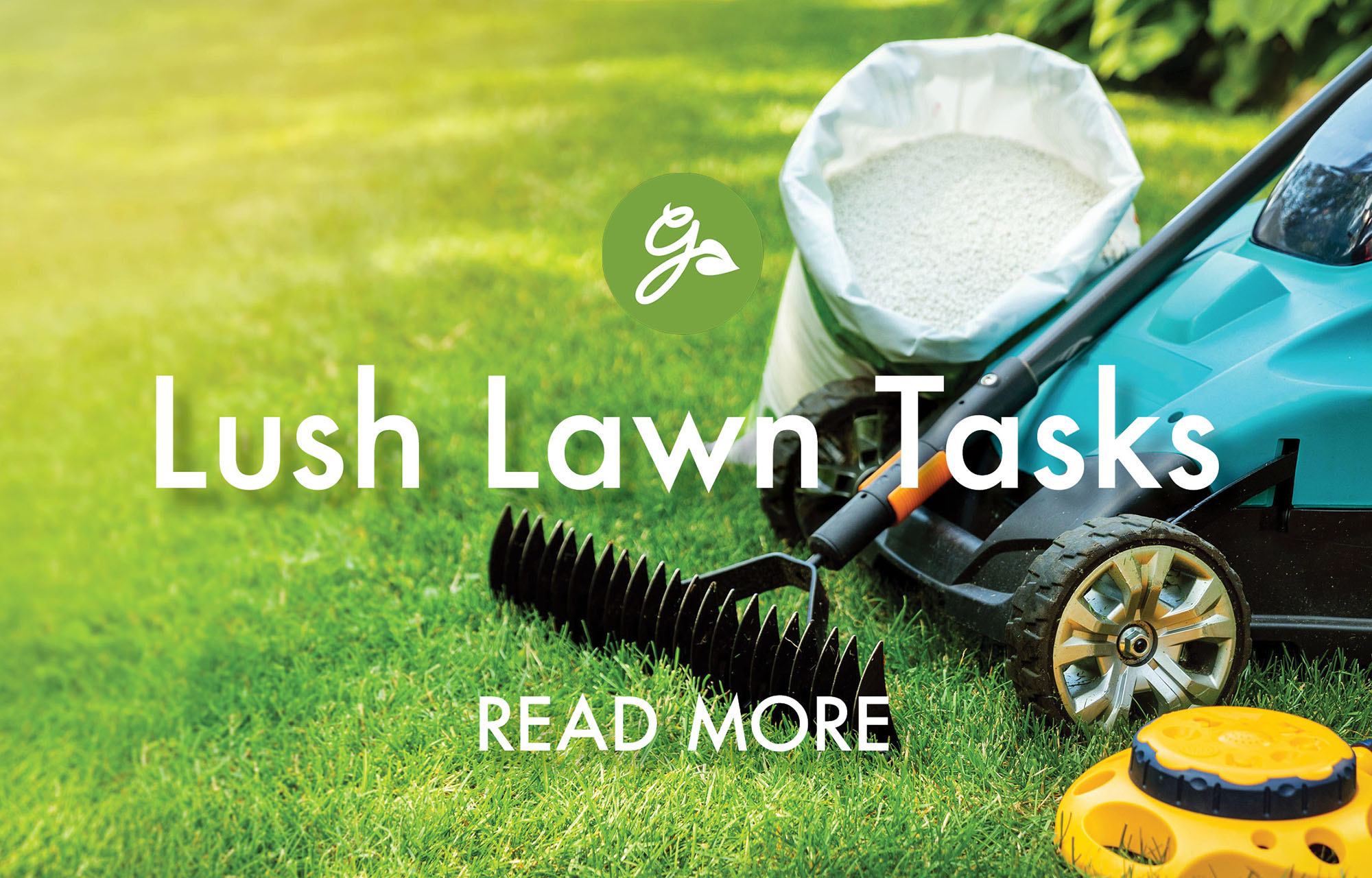 Read more about April lawn care tasks. Image shows mower and lawn care products on grass