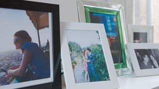 picture frames on a shelf