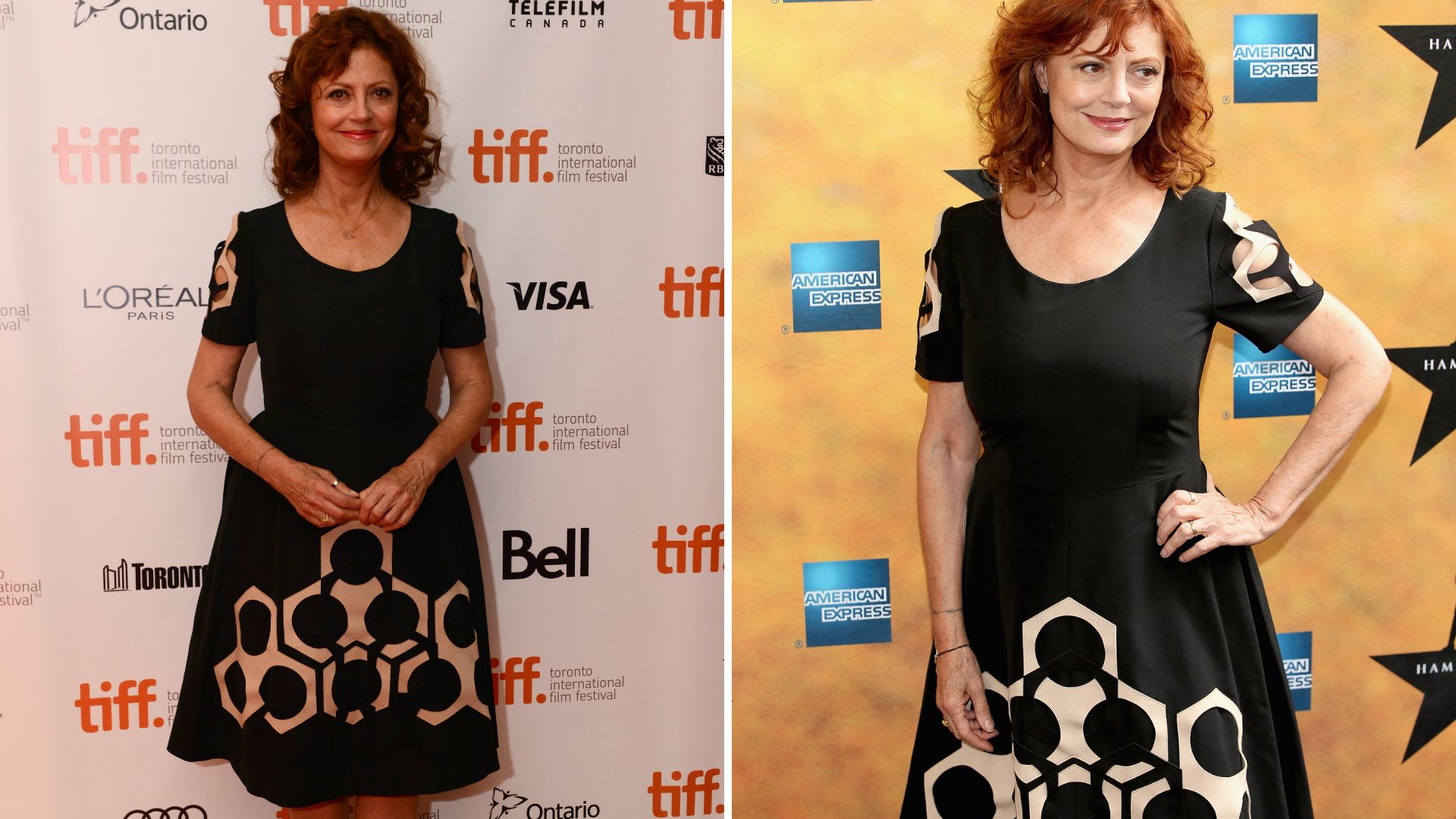 L-Susan sarandon in 2013, R-Susan Sarandon at the Hamilton red carpet in 2015. She wears the same dress in both pictures