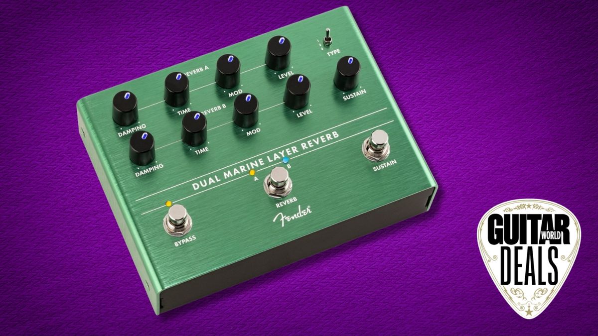 A Fender reverb pedal on a purple background