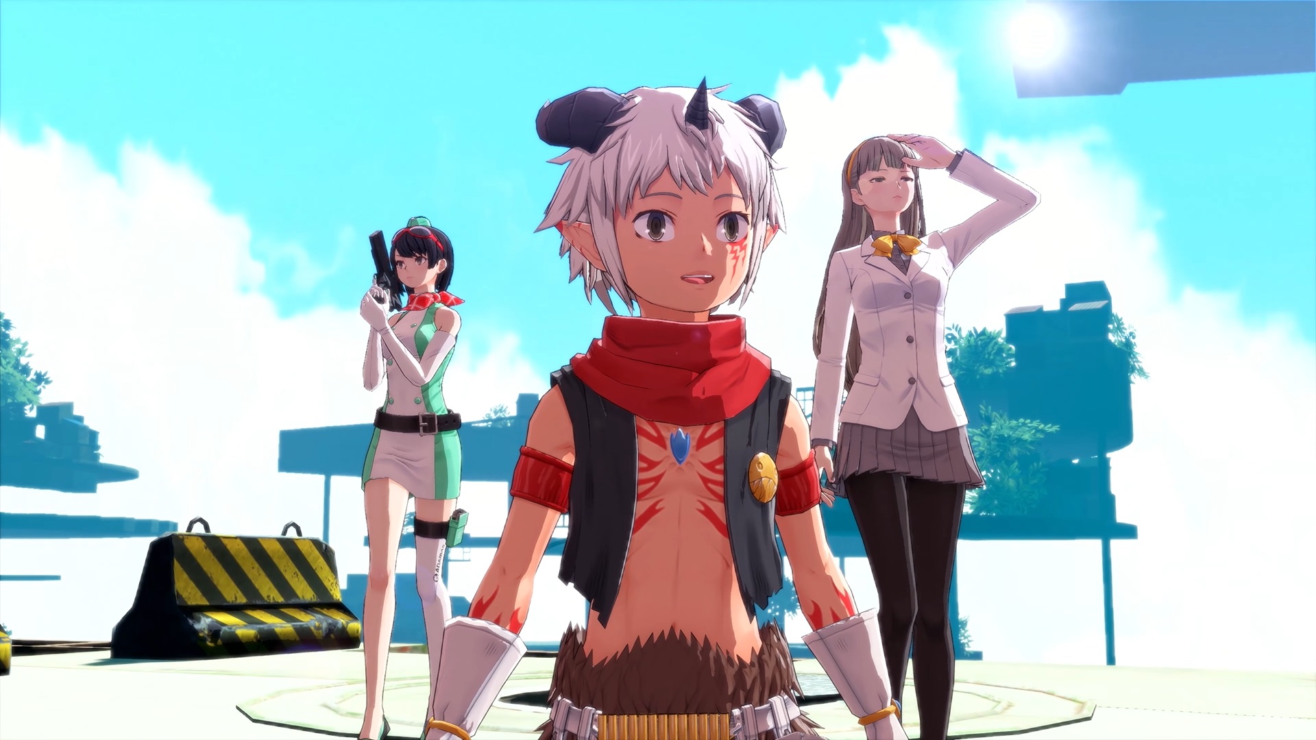 Digimon Story Time Stranger screenshot showing a character with white hair and a small horn on the top of their head accompanied by two women characters who look out over the horizon
