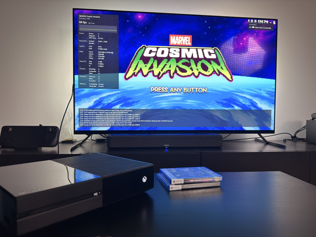 Marvel Cosmic Invasion running on an Xbox One through a PS5 emulator, showing the game's title screen alongside performance statistics and debugging information.