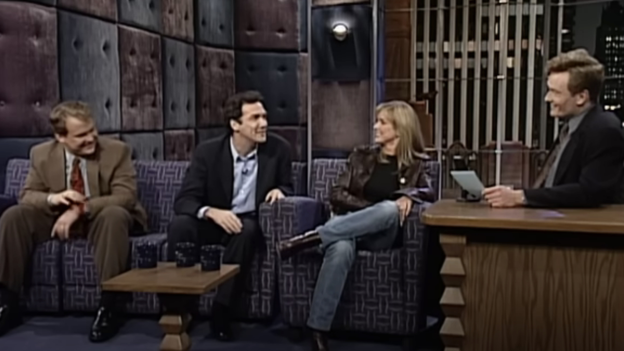 Andy Richter, Norm Macdonald, Courtney Thorne-Smith, and Conan O'Brien on Late Night