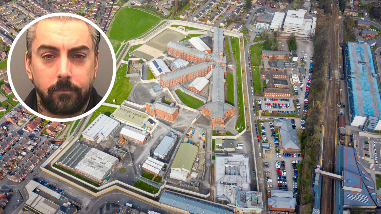 Aerial drone photo of the town centre of Wakefield in West Yorkshire in the UK showing the main building and walls of Her Majesty's Prison, also know as HMP Wakefield taken in the spring time. Inset photo of Ian Watkins.