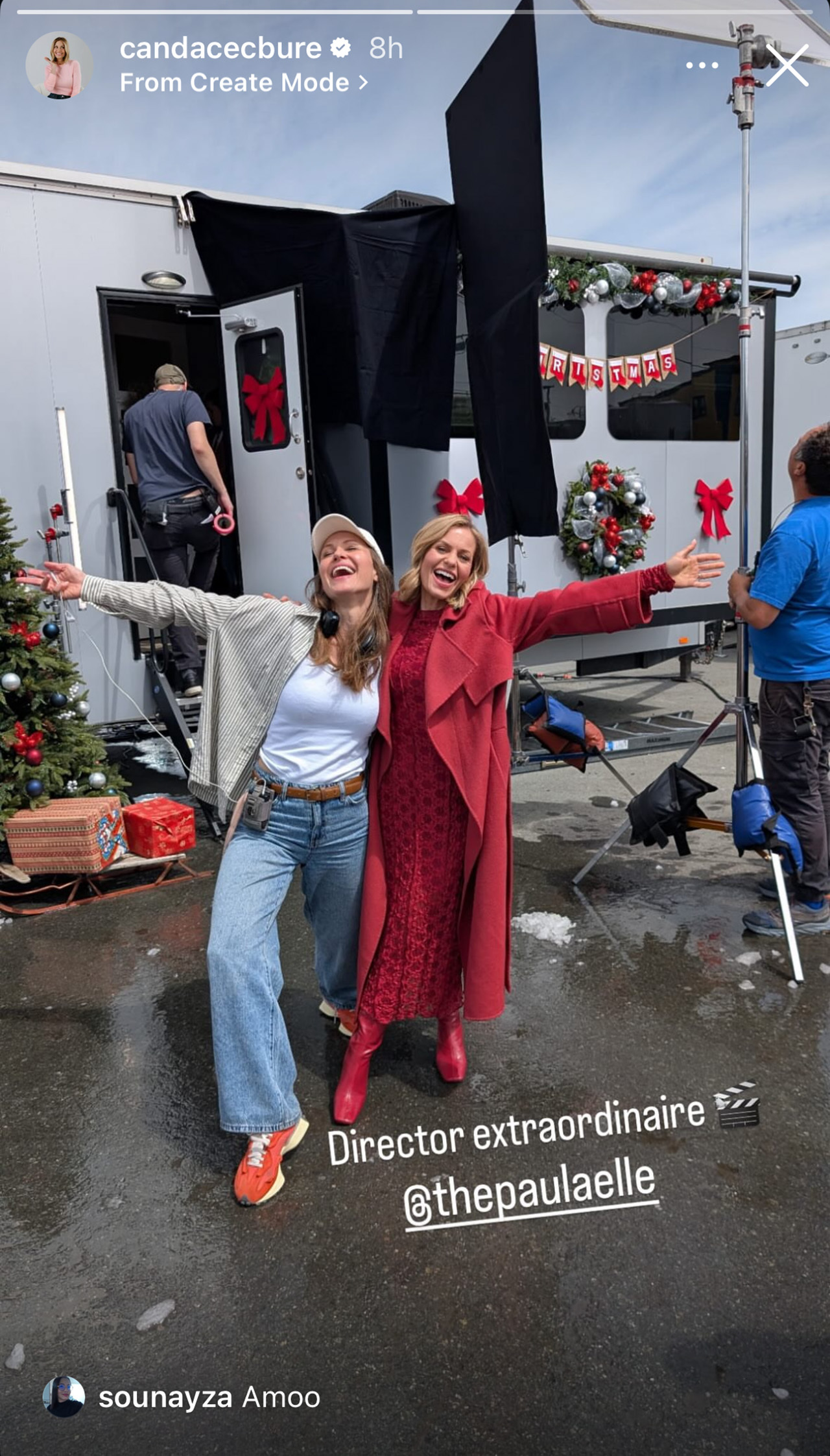 Candace Cameron Bure posing in front of a trailer with Christmas decorations on her Instagram Stories.