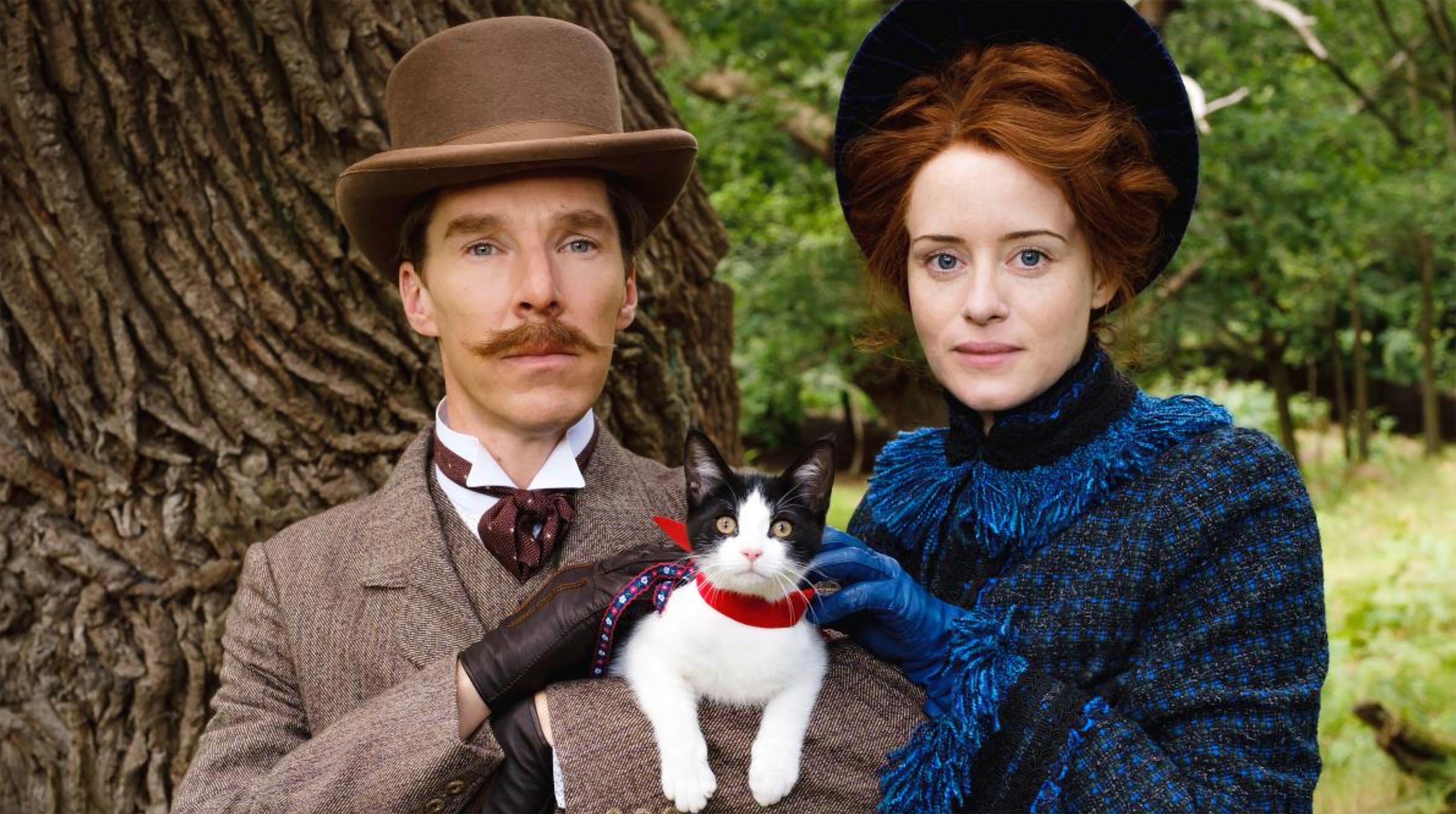 Benedict Cumberbatch and Claire Foy with a small black and white cat in 'The Electrical Life of Louis Wain'