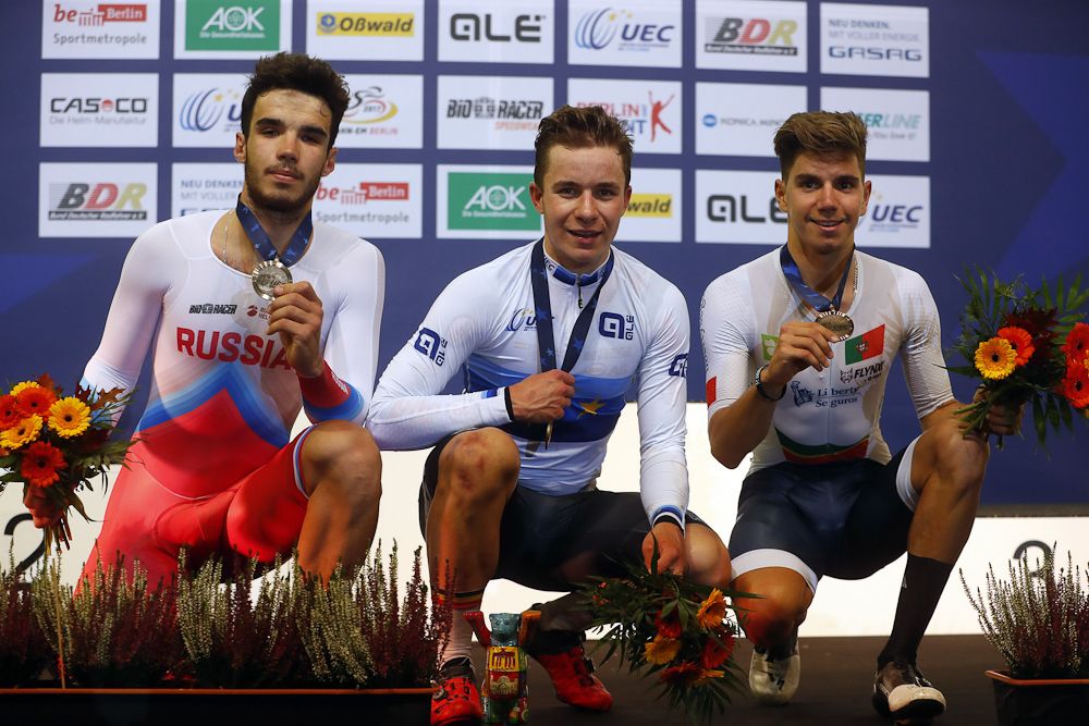 The men's elimination podium: Piskunov, Thijssen and Oliveira