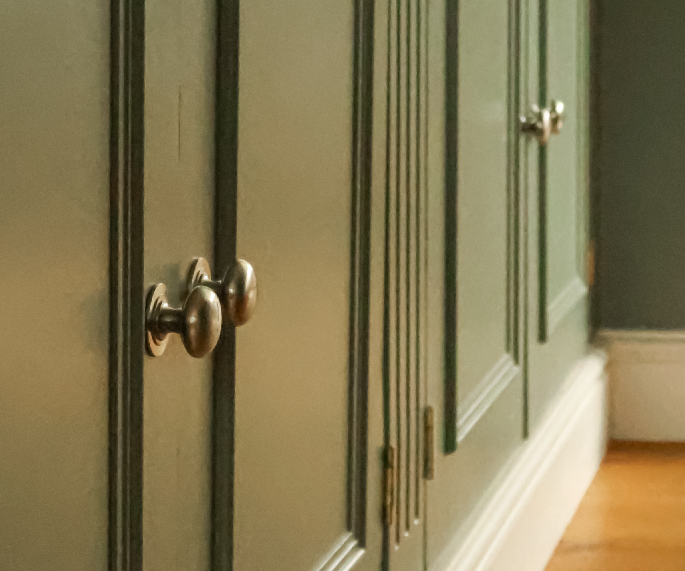 Brass knobs on green kitchen cabinets