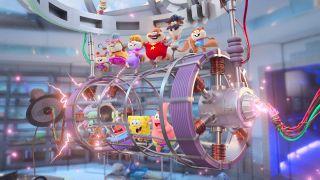 Sandy and her friends making a machine work in Saving Bikini Bottom: The Sandy Cheeks Movie.