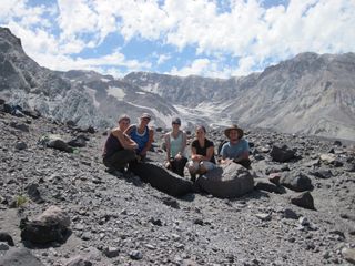 The author with her students studying newly exposed deposits at Mount St Helens.
