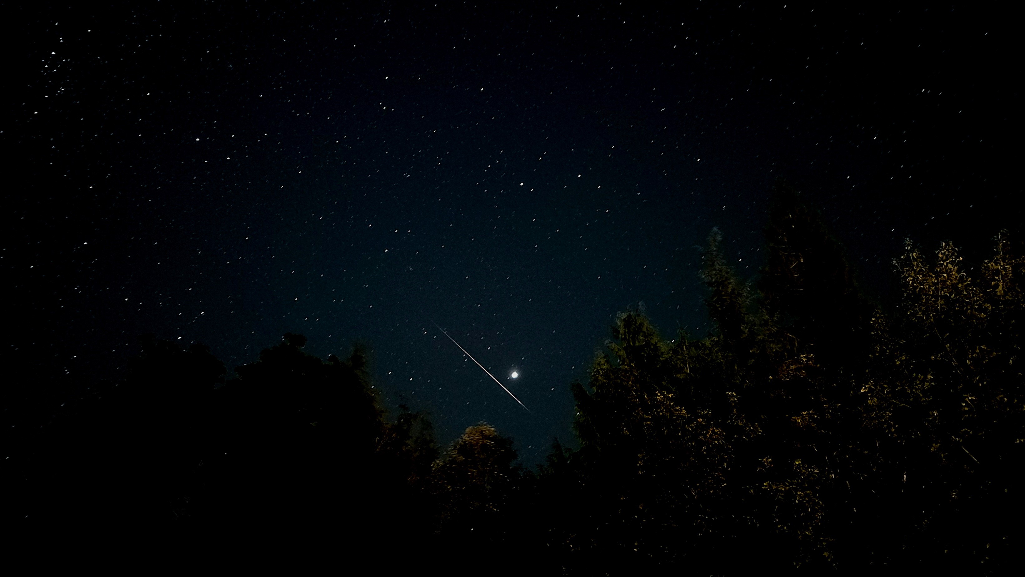 Belirgin bir meteor, parlak gezegen Jüpiter'in altında gökyüzünde ilerliyor.