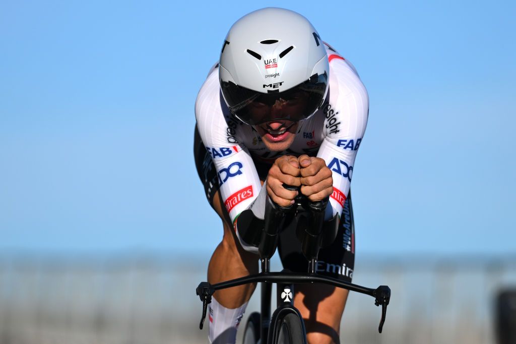 OEIRAS PORTUGAL AUGUST 17 Joao Almeida of Portugal and UAE Team Emirates sprints during the 79th La Vuelta Ciclista a Espana 2024 Stage 1 a 12km individual time trial stage from Lisbon to Oeiras UCIWT on August 17 2024 in Oeiras Portugal Photo by Tim de WaeleGetty Images