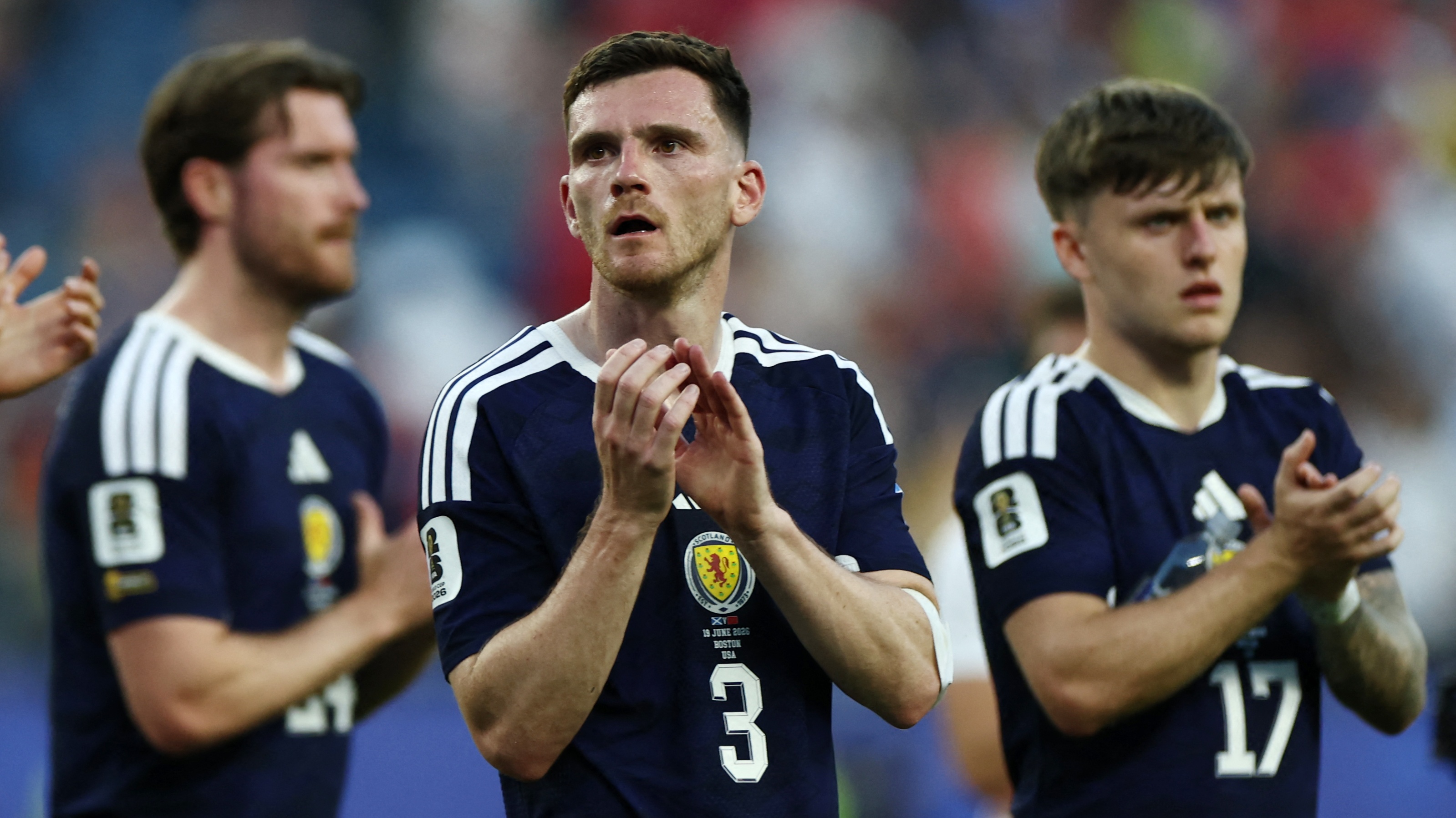 Scotland players acknowledge the crowd after losing the 2026 World Cup Group C football match between Scotland and Morocco at the Boston Stadium in Foxborough on June 19, 2026