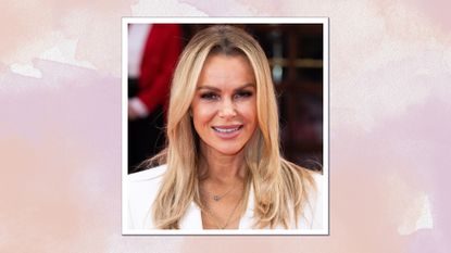 Image of Amanda Holden smiling, with straight blonde hair and wearing a white blazer, on a pink watercolour background