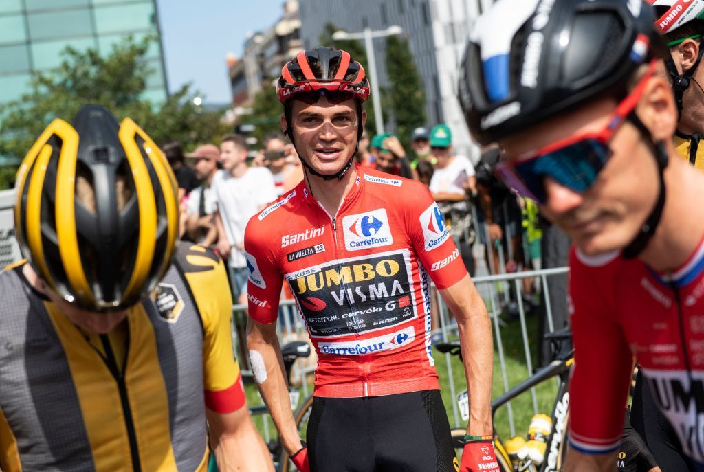 Team JumboVismas US rider Sepp Kuss C wearing the overall leader jersey waits for the start of the stage 15 of the 2023 La Vuelta cycling tour of Spain a 1583 km race between Pamplona and Lekunberri on September 10 2023 Photo by ANDER GILLENEA AFP Photo by ANDER GILLENEAAFP via Getty Images