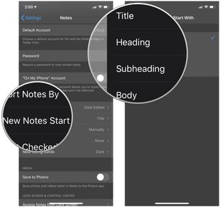 Automatically start new notes with a title or heading in Notes on iPhone and iPad by showing steps: Tap New Notes Start With, and then tap Title, Heading, or Body