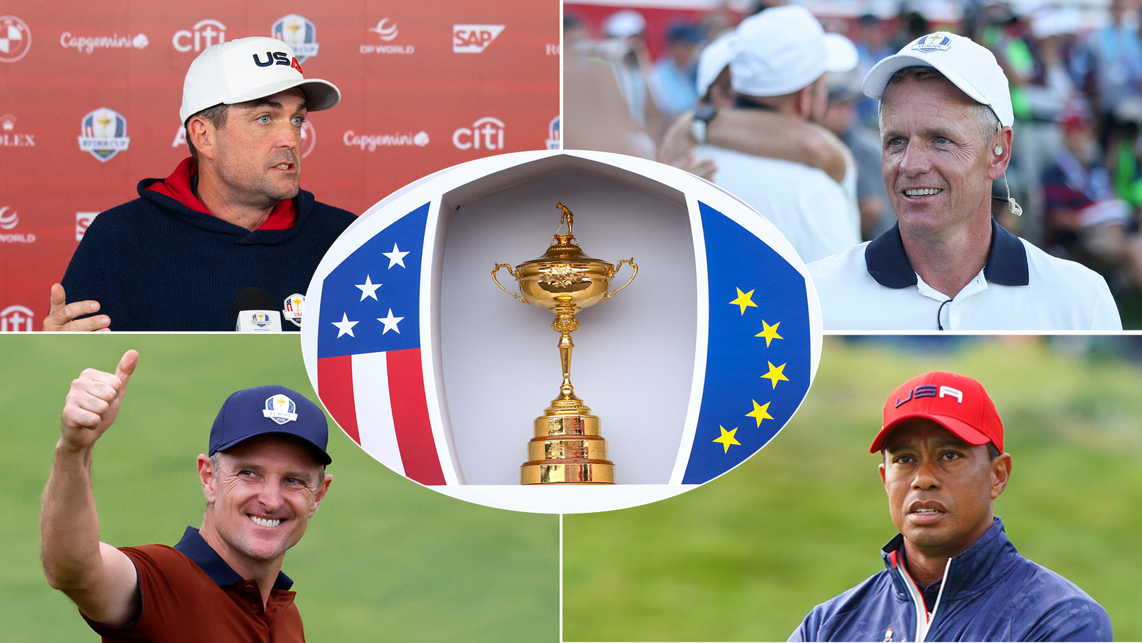 Keegan Bradley (top left), Luke Donald (top right), Justin Rose (bottom left) and Tiger Woods (bottom right) with the Ryder Cup trophy in the centre