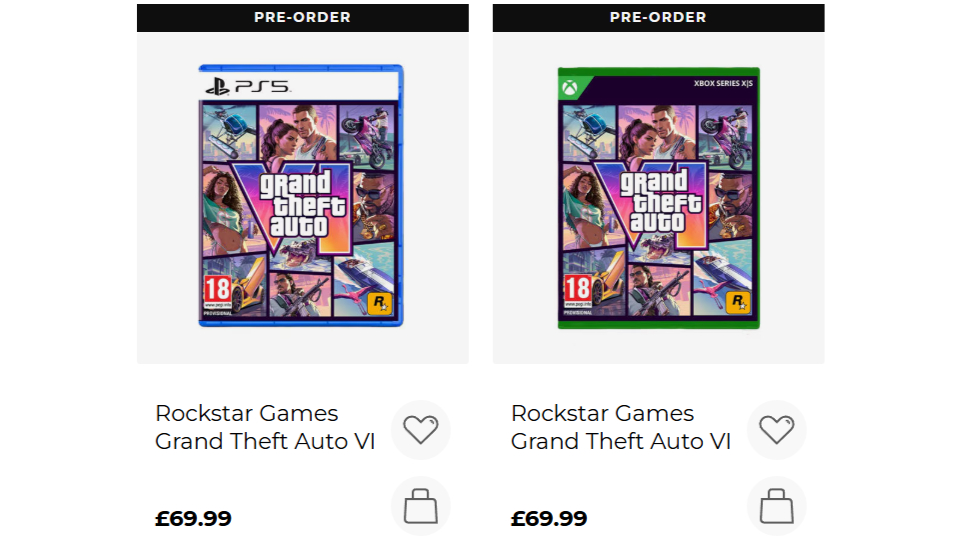 Game UK's GTA 6 pre-order listings showing the two game boxes on a white background
