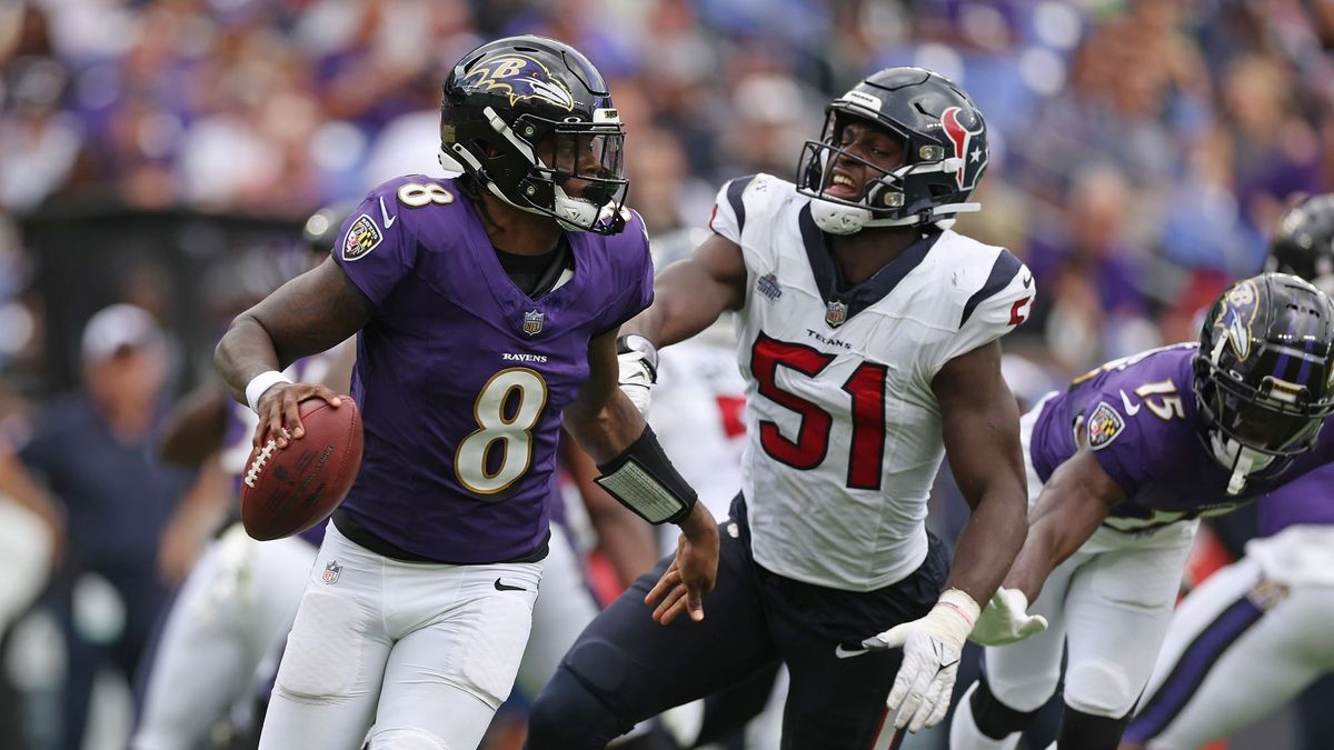 Baltimore Ravens&#039; Lamar Jackson and Houston Texans&#039; Will Anderson Jr.